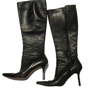Black ELLEN TRACY Leather Knee Boots Pointed Toe Stiletto Heel 10